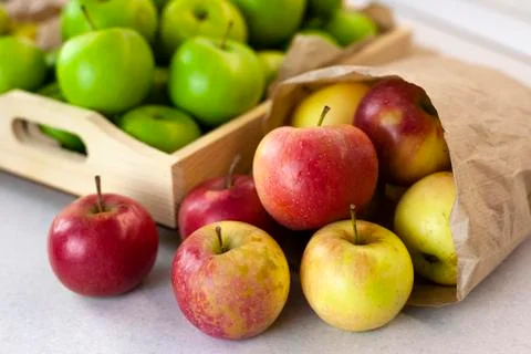 Different types of apples on a market table. Fresh harvest of red and green Stock Photos