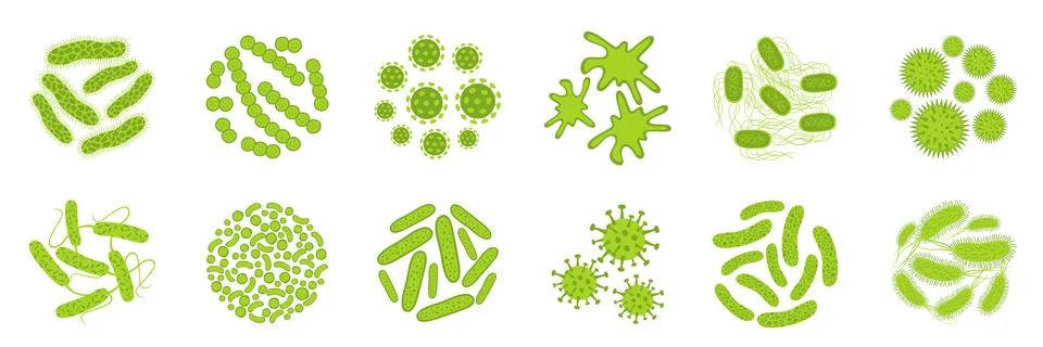 Different types of bacteria, germ and virus. Stockillustratie