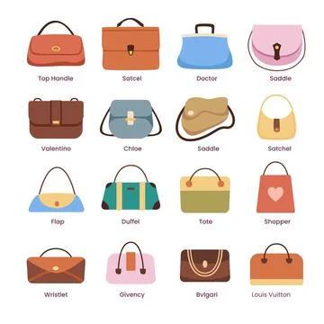 Different types of bag types set. Accessories collection, labeled doctor, s.. Stock Illustration