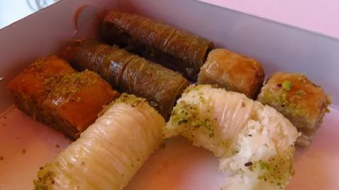 Different Types of Baklava, Including Coconut, Walnut and Pistachio Stock Photos