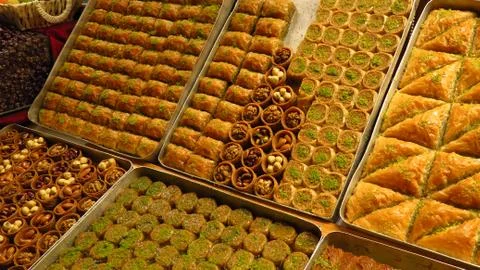 Different Types of Baklava Sold at Bazaar Stock Photos