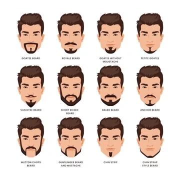 Different types of Beard types guide, Facial hair types. Variations haircut.. Stock Illustration