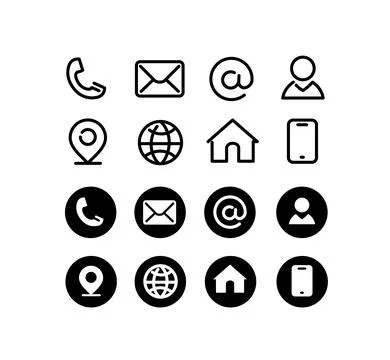 Different Types Black Contact Information Icons Set for Business Cards. Vector Illustrazione stock