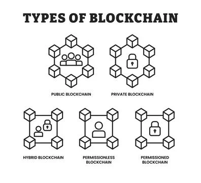 Different types of blockchain types icon, symbol or sign, educational techn.. Illustrazione stock