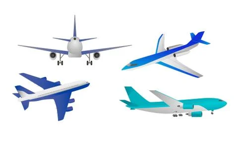 Different types of blue passanger airpcrafts over white background Stock Illustration
