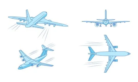 Different types of blue passanger planes over white background Stock Illustration