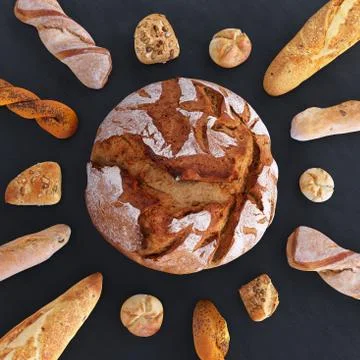 Different types of bread and rolls in the top view. Kitchen or bakery poster Stock Photos