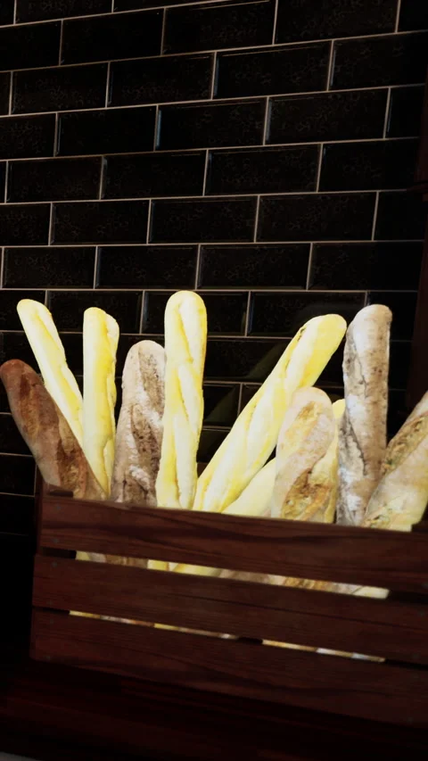 Different types of bread are displayed in wooden crates on a table Stock Footage 338349464