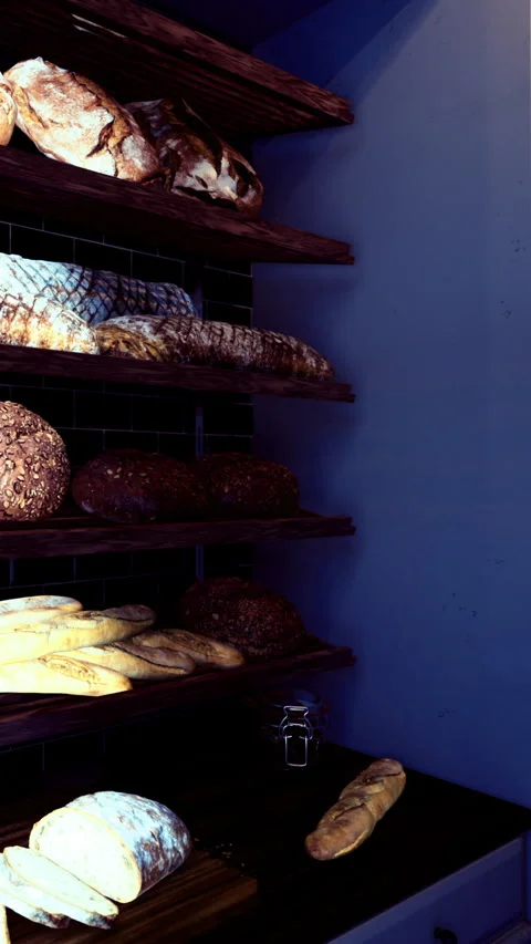 Different types of bread displayed on shelves in a bakery during the day 動画素材 331669006
