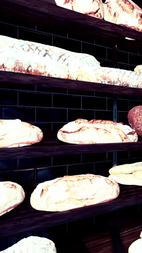 Different types of bread displayed on shelves in a bakery setting Stock Footage 338350247