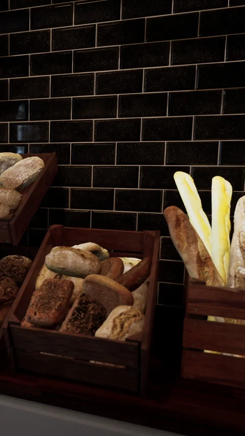 Different types of bread displayed in wooden boxes on a dark counter Stock Footage 338349765