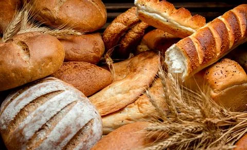 Different types of bread made from wheat flour Stock Photos