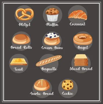 Different types of bread with name Stock Illustration