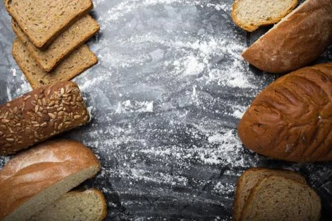Different types of bread in a symmetrical composition Stock Photos