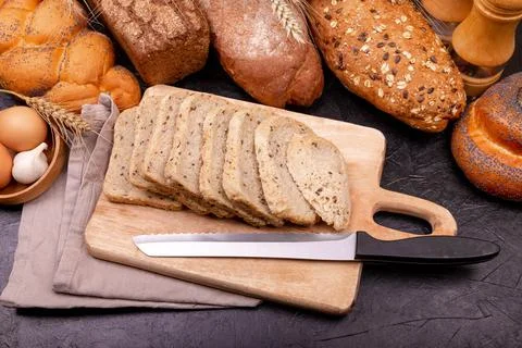 Different types of bread. Top view. Healthy and tasty organic food. Foto stock