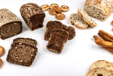 Different types of bread on a white background. Stock Photos