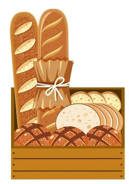Different types of breads in wooden crate Stock Illustration
