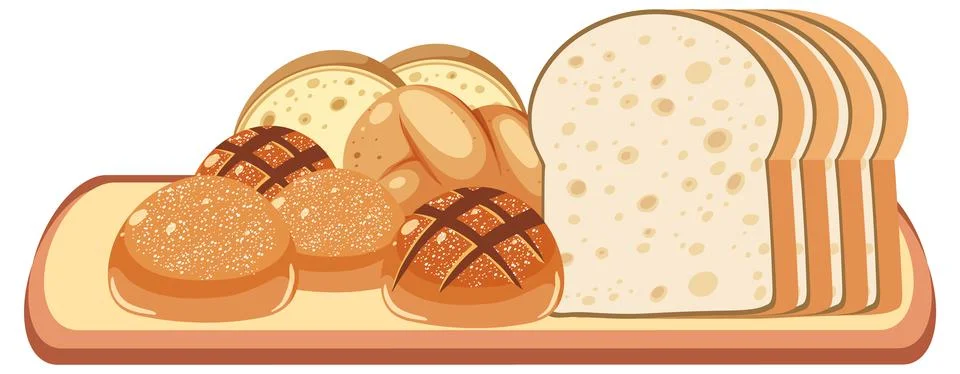 Different types of breads on wooden tray Stockillustratie