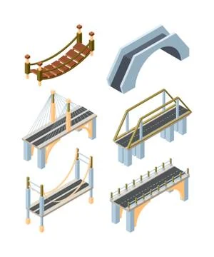 Different types of bridges isometric 3D vector illustrations set Stock Illustration