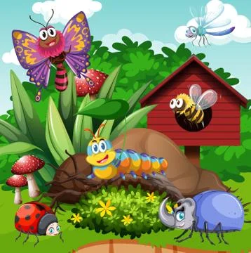 Different types of bugs in garden Stock Illustration