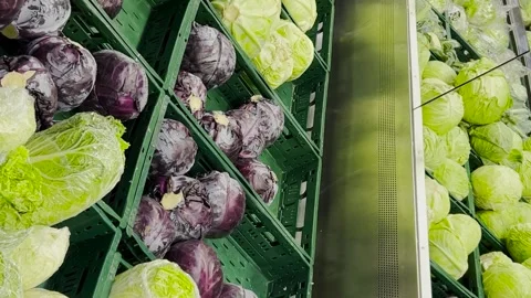 Different types of cabbage at the vegetable market. Vertical video Vidéo 250127417
