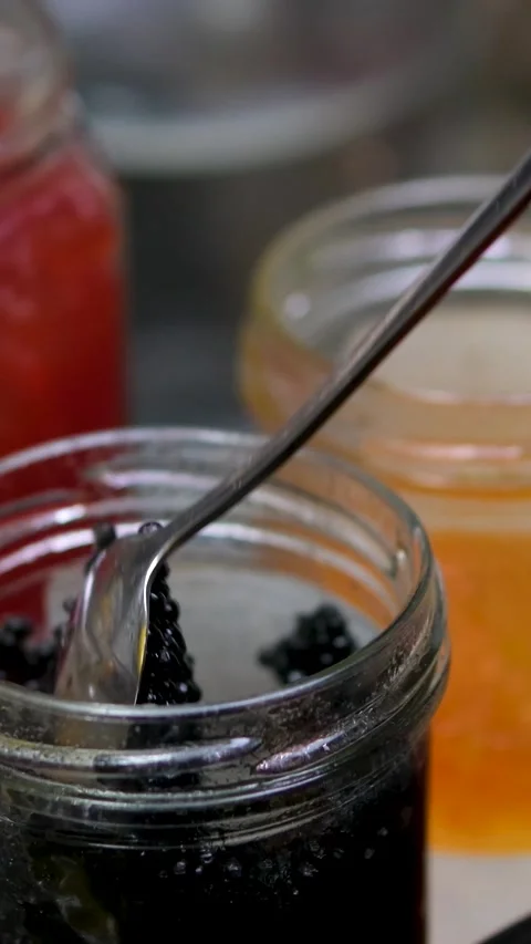 Different types of caviar Rick caviar pike caviar sturgeon and salmon croquettes Stock Footage 302170323