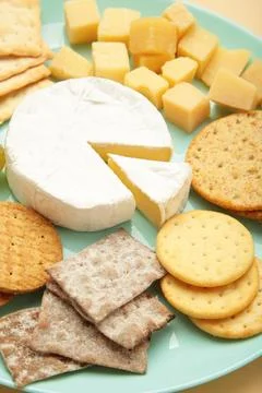 Different types of cheese with crackers on mint plate. Vertical photo Stock Photos