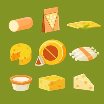Different Types of Cheese, Flat Vector Illustration Set Stock Illustration