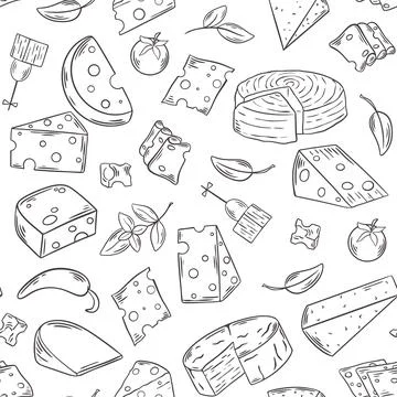 Different types of cheese hand engraving seamless pattern Stock Illustration