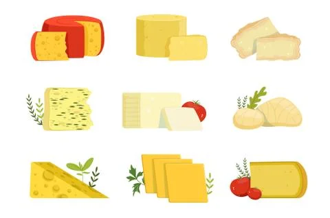 Different types of cheese pieces, popular kind of cheese vector Illustrations Stock Illustration