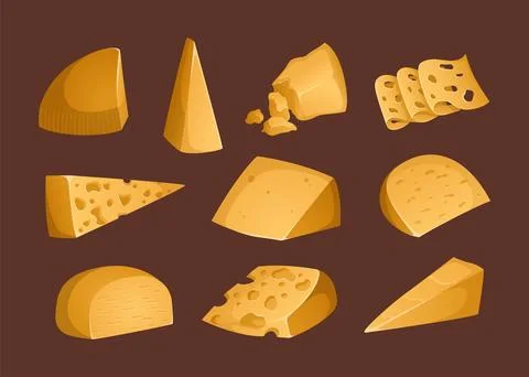 Different types of cheeses on a brown background. Vector illustration. Colorf Stock Illustration