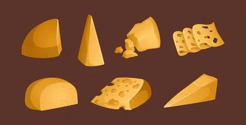 Different types of cheeses on a brown background. Vector illustration. Colorf Stock Illustration
