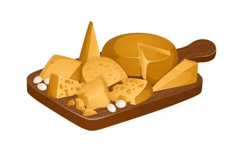 Different types of cheeses on cutting board in realistic style. Vector illust Stock Illustration