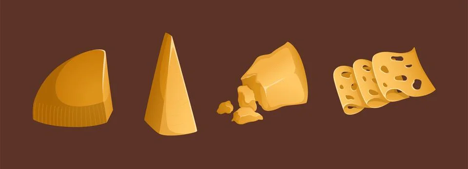 Different types of cheeses vector set on a brown background. Colorful and bri Stock Illustration