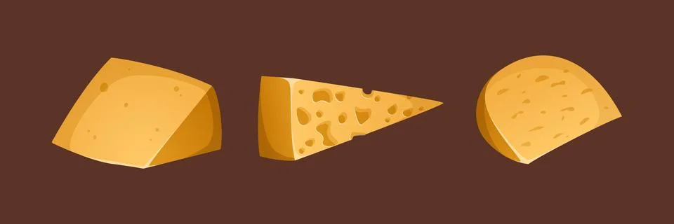 Different types of cheeses vector set on a brown background. Colorful and bri Stock Illustration