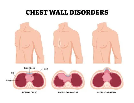 Different types of chest wall disorders types with cross section view. Labe.. Stock Illustration