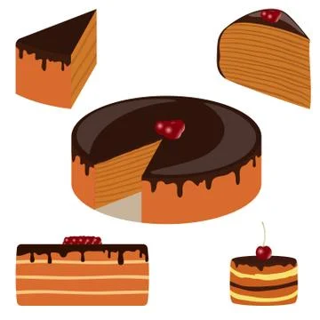 Different types of chocolate cakes, set. Sweet cake with cherry, cream and bi Stock Illustration