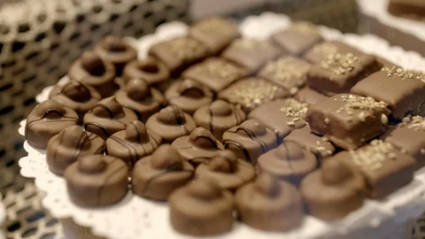 Different types of chocolate in a candy store, close-up shot 스톡 동영상 122619014