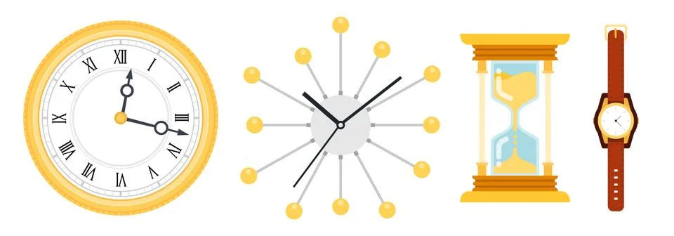 Different types clocks. Set vector icons of mechanical clocks in flat design Stock Illustration