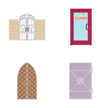 Different types of closed doors and gates set Stock Illustration