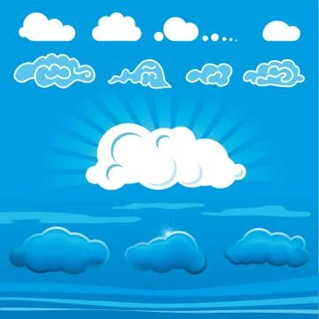 Different types of cloud icons over blue background. Stock Illustration