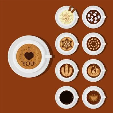 Different types of coffee chocolate cocoa cups top view perfect for menu Stock Illustration