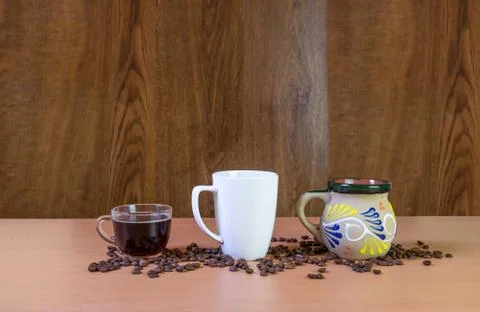 Different types of coffee cups.American, Express and Mexican Foto stock