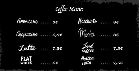 Different types of coffee drinks lettering. grunge brush drawn names for menu Stock Illustration