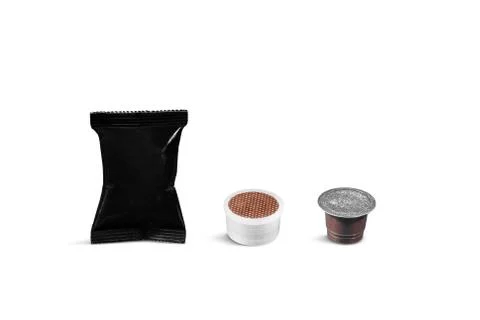 Different types of coffee pods and package isolated on white background Stock Photos