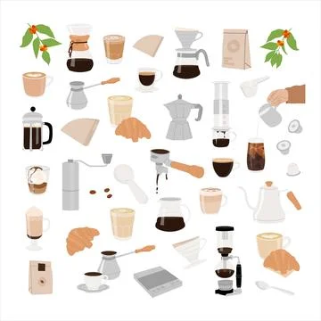 Different types of coffee trendy graphics. Manual alternative coffee brewing Stock Illustration