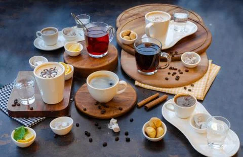 Different types of coffees and teas- perspective view. Stock Photos