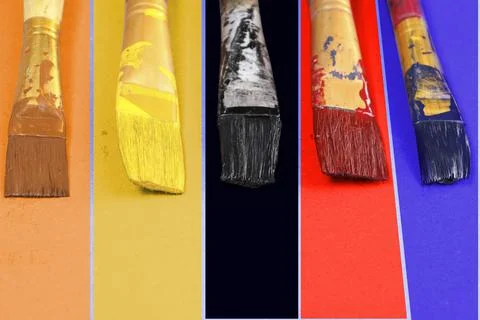 Different types of Colour paint brushes in the colour background Stock Photos