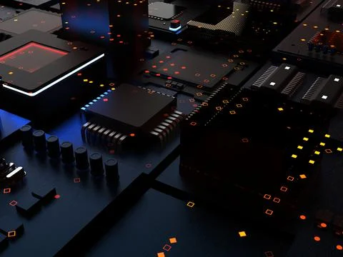 Different types of computers and spare parts. 3D rendering on the subject of  Stock Photos