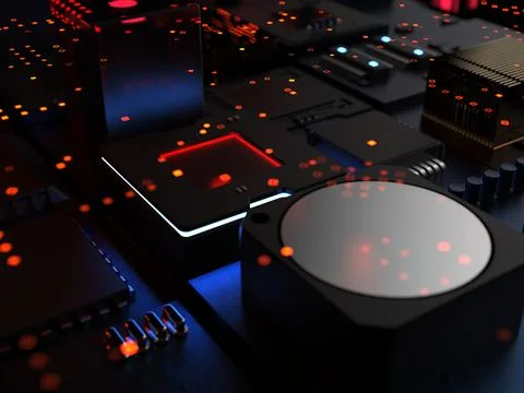 Different types of computers and spare parts. 3D rendering on the subject of  Stock Photos